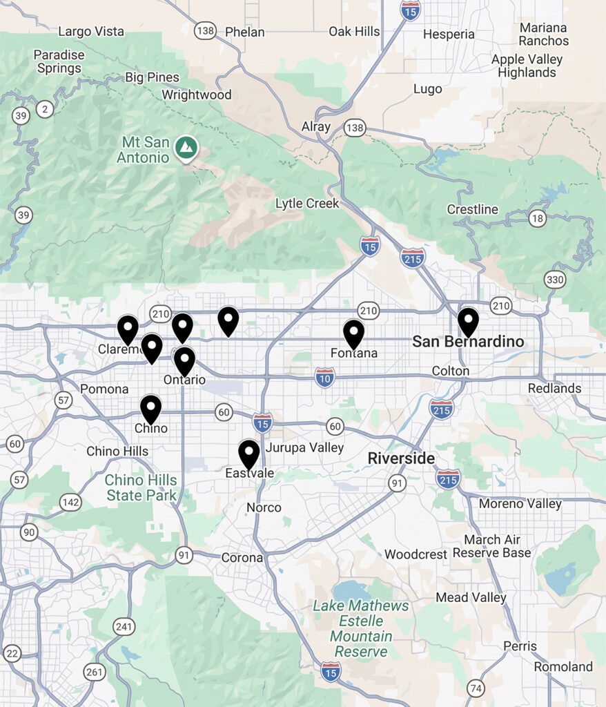 Map of the Inland Empire with pins marking nine Utility Plumbing Services areas, from Claremont and Chino east to San Bernardino.