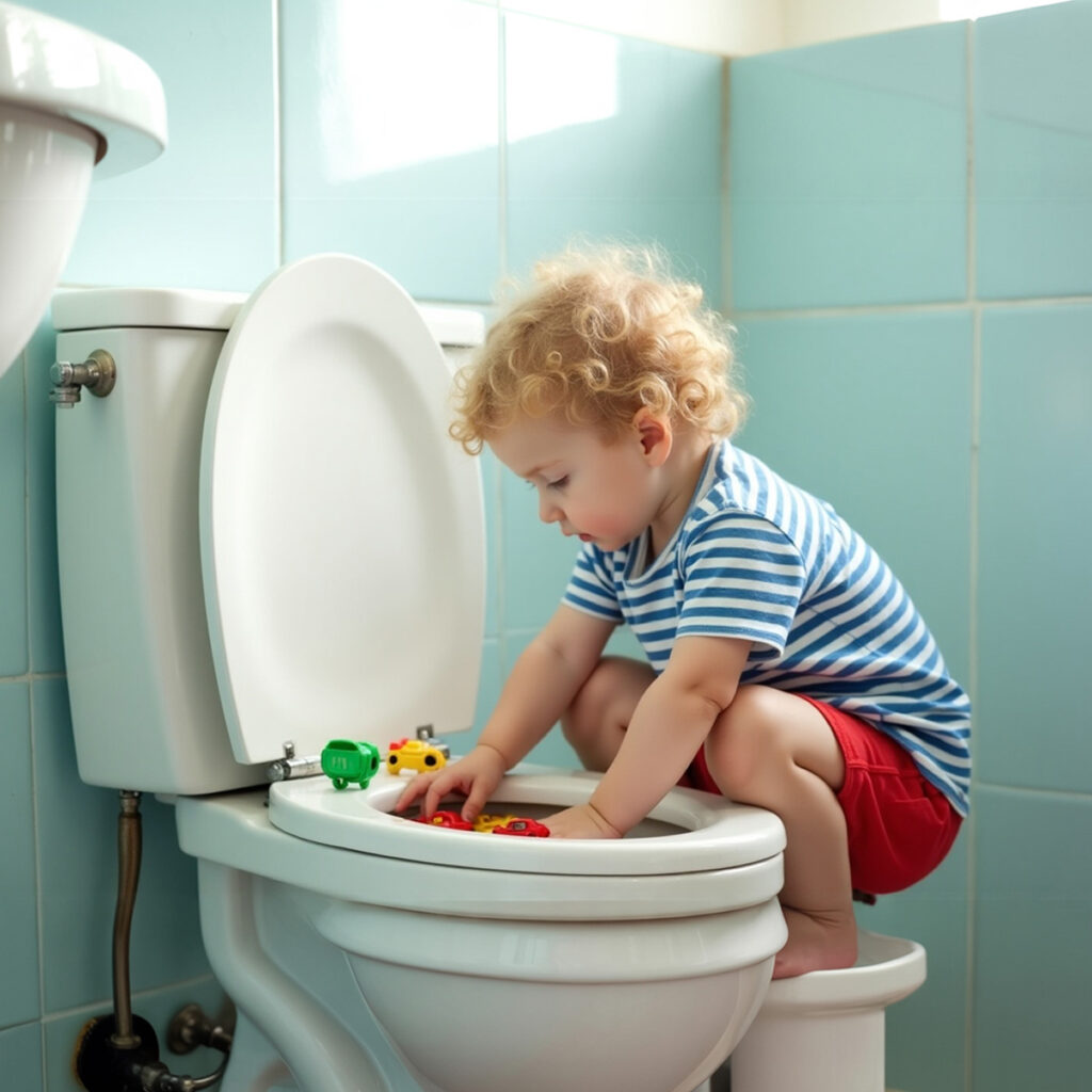 kid flushing toys down toilet