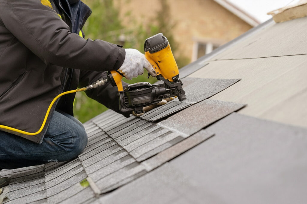 10 Tips to Improve Your Home in Rancho Cucamonga 9 A roofing contractor using a nail gun to install shingles on a roof.