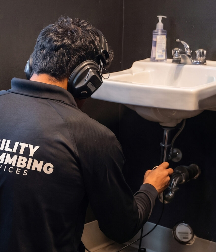 Utility Plumber using leak detection headphones to inspect bathroom sink pipes