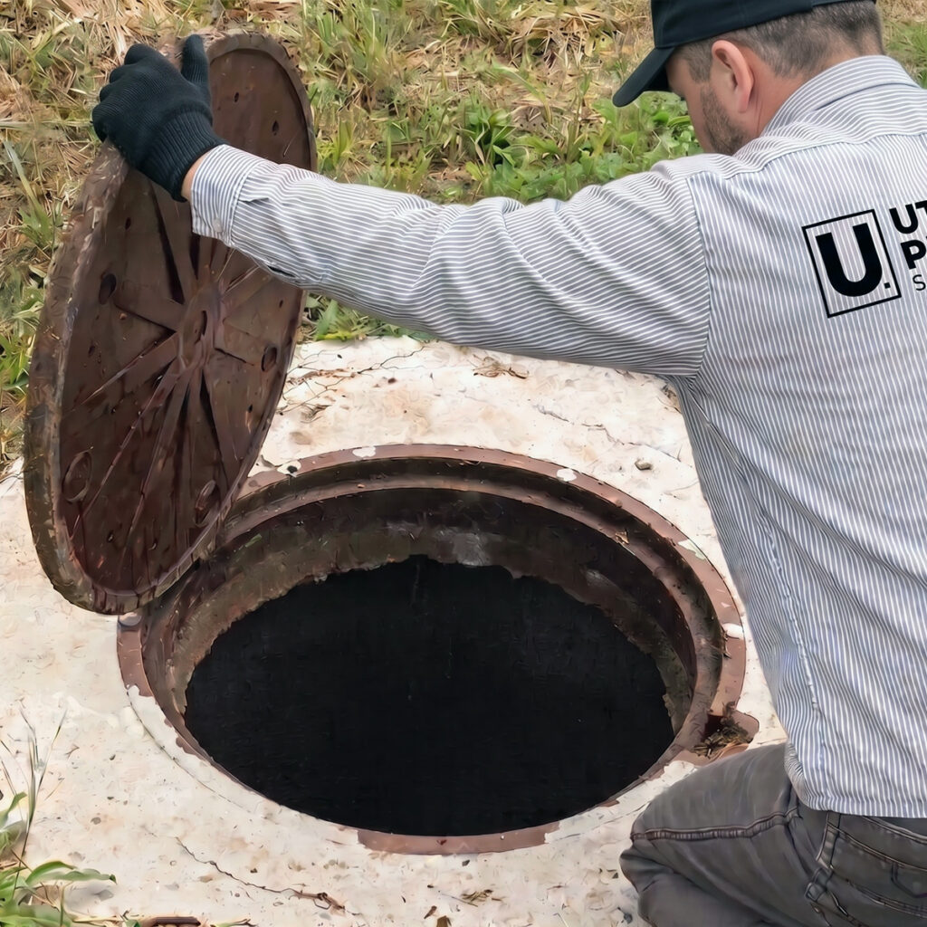 Utility Plumbing Services technician opening septic tank access cover outdoors