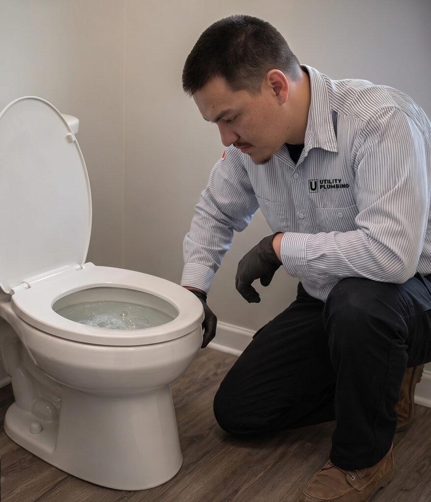 Utility Plumbing Services technician inspecting toilet bowl water flush issue